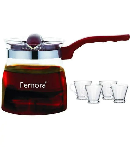 FEMORA Borosilicate Glass Microwave Safe Flame Proof Tea Pot With 4 Cup