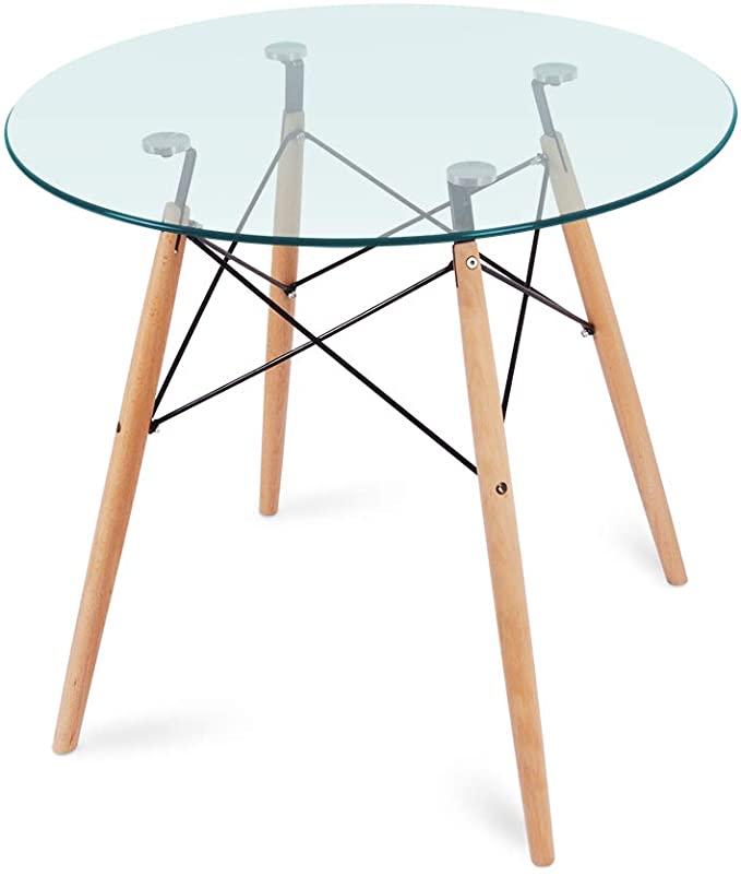 Nidouillet Round Glass Dining Table, Coffee Desk with 4 Beech Wood Legs for Kitchen Living Room AB053