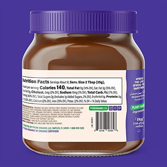 Pyure Organic Chocolate Hazelnut Spread | 90% Less Sugar | 1 Net Carb Keto Snack | No Palm Oil, Gluten-Free, Peanut Free, Plant-Based Hazelnut Spread for Vegan Keto Friendly Food | 13oz