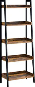 Rolanstar Ladder Bookshelf with 3 Hooks, 5 Tier Ladder Shelf, Industrial Bookcases, Freestanding Display Plant Shelves with Metal Frame for Living Room, Small Space, Rustic Brown