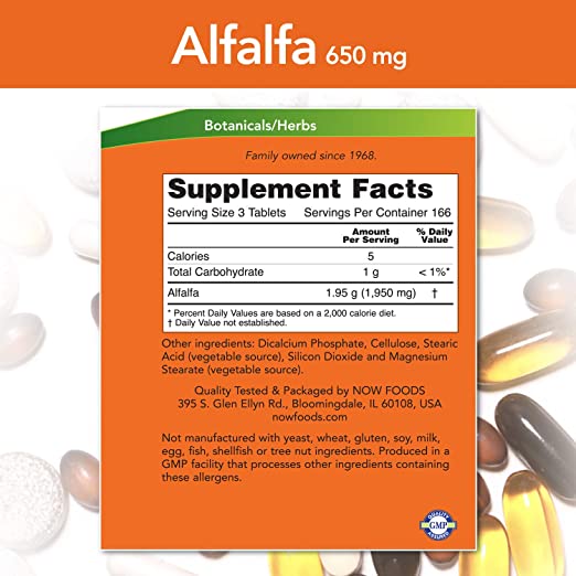 NOW Supplements, Alfalfa 650 mg source of Vitamin K, Green Superfoods, 500 Tablets