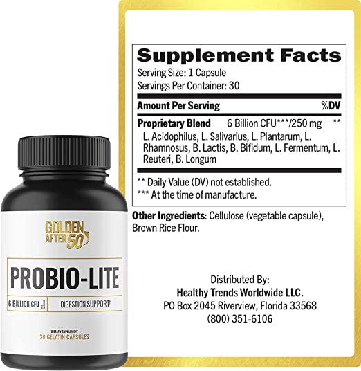 Golden After 50 Probio-Lite - Acid Reflux Relief and Probiotics for Men and Women - 30 Vegetarian Capsules - 6 Billion CFU of Probiotics for Gut Health Support for Heartburn, Gas Relief, Indigestion