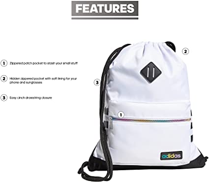 adidas Classic 3S Sackpack, White/Black/Rainbow Metallic, One Size