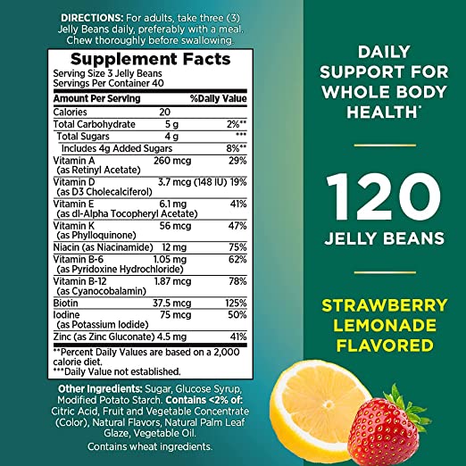 Nature's Bounty Multi Jelly Beans, with Zinc, Biotin, Vitamins A, D, E, K, Daily Support for Whole Body Health, Strawberry-Lemonade Flavor, 120 Count