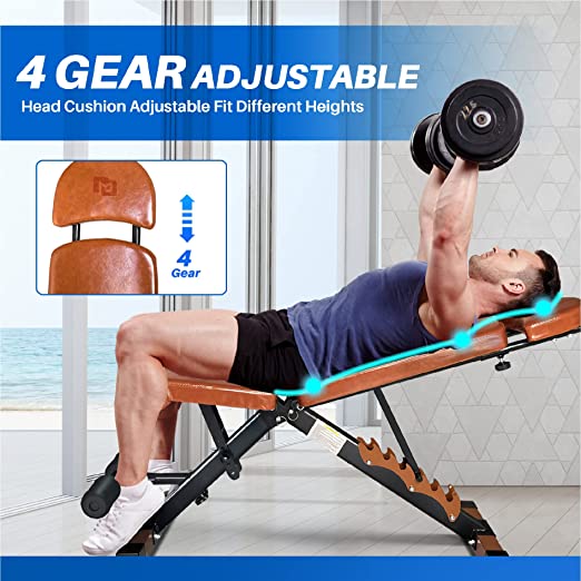 Adjustable Weight Bench Leather Cushion with Liftable Head Support for Strength Training, Full Body Workout Home Gym