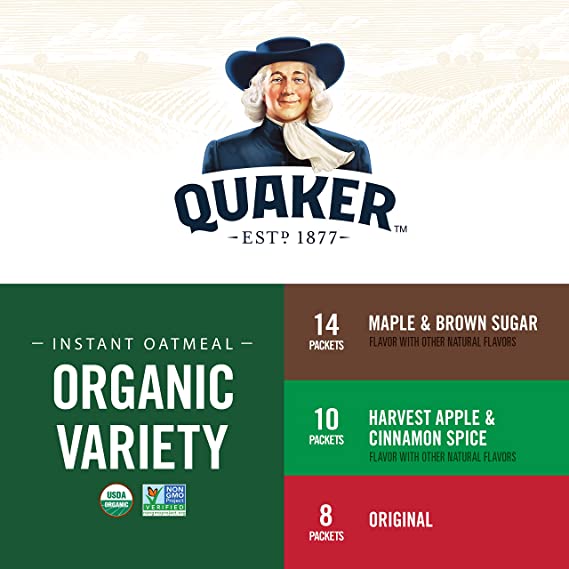 QUAKER Instant Oatmeal, USDA Organic, Non-GMO Project Verified, 3 Flavor Variety Pack, Individual Packets, 32 Count