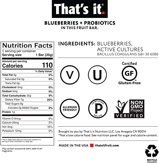 That’s it. (12 Pack Blueberry)Probiotic Fruit Bar Immunity Booster & Support Active Cultures to Promote Healthy Gut & Digestion 100% All Natural Ingredients Whole 30 Compliant Paleo Allergen Friendly