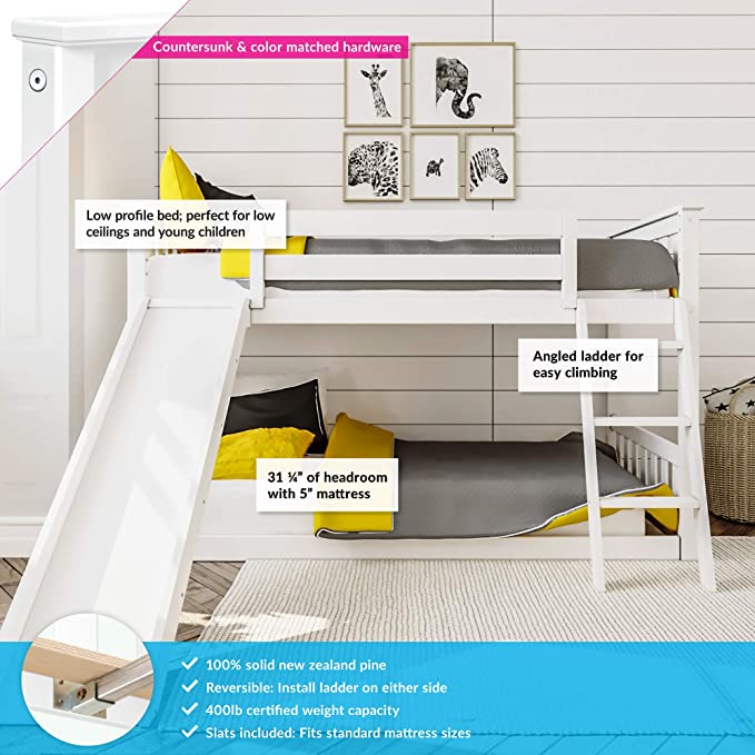 Max & Lily Twin over Twin Low Bunk Bed with Slide, White