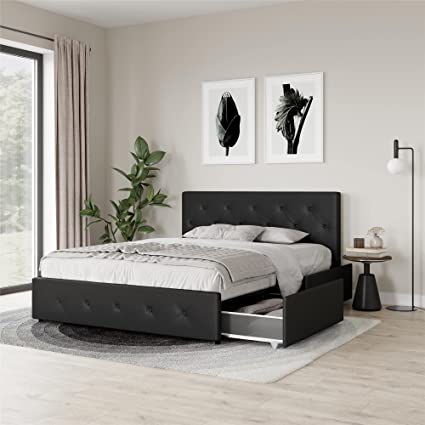 DHP Dakota Upholstered Faux Leather Platform Bed with Storage Drawers - Full Size (Black)