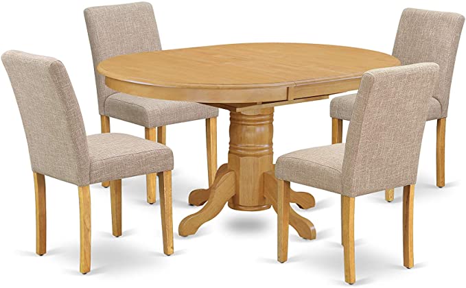 East West Furniture 5Pc Oval 42/60" Table With 18 In Self Storing Butterfly Leaf And 4 Parson Chair With Oak Leg And Linen Fabric Light Fawn, 5