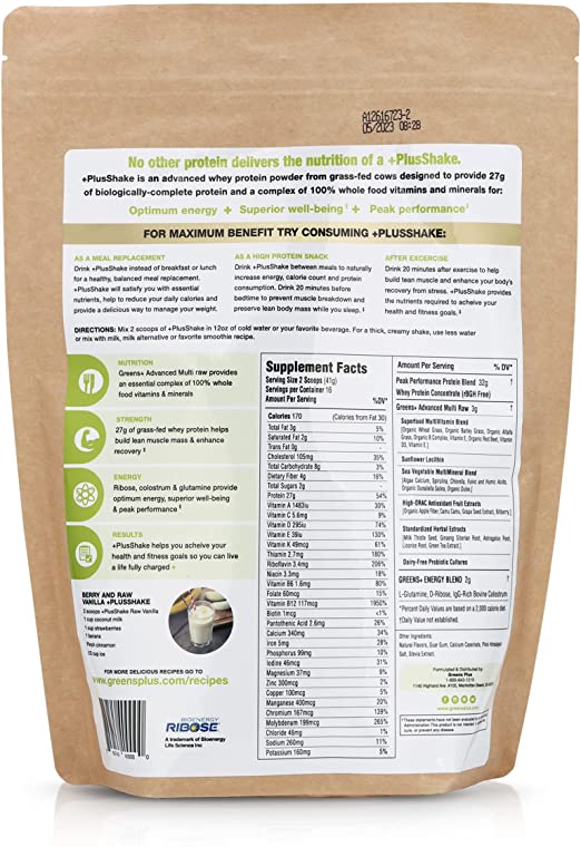 Greens+ PlusShake Vanilla Whey Protein and Organic Green Superfood | Grass Fed | 27g, 1.5 lb Bag