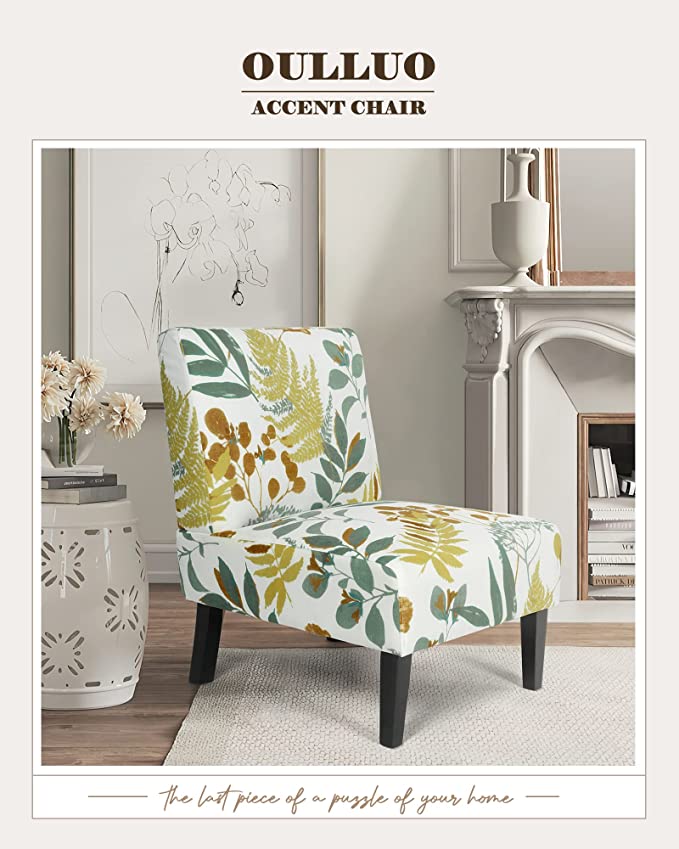 Modern Accent Chair-Armless Accent Chair for Bed Room - Upholstered Slipper Chairs for Living Room - Printed Tree Leaf Patterns - KS925TL