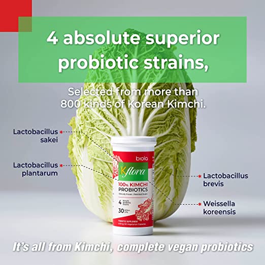 biola Kflora 100% Kimchi Probiotics 30 Billion CFUs, Vegan Probiotics with Prebiotics, Patented Strain(Atopy and Allergy), Released on Aug. 2021