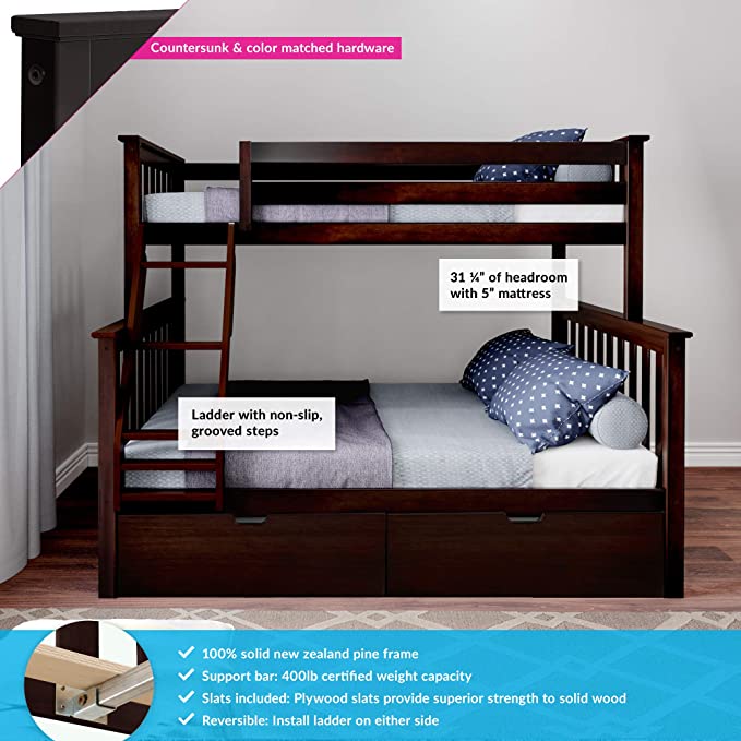 Max & Lily Twin over Full Bunk Bed with Under Bed Storage Drawers, Espresso