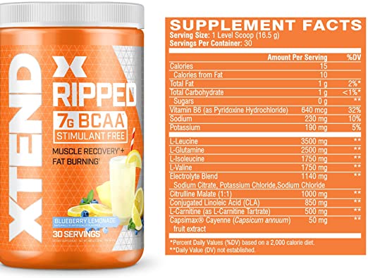 XTEND Ripped BCAA Powder Blueberry Lemonade | Cutting Formula + Sugar Free Post Workout Muscle Recovery Drink with Amino Acids | 7g BCAAs for Men & Women | 30 Servings