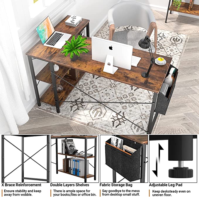 Small L Shaped Computer Desk, Homieasy 47 Inch L-Shaped Corner Desk with Reversible Storage Shelves for Home Office Workstation, Modern Simple Style Writing Desk Table with Storage Bag(Rustic Brown)