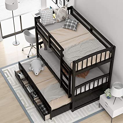 Copy of COODENKEY Twin-Over-Twin Bunk Bed for Kids/Teens with Trundle and 3 Storage Drawers, Bedroom/Guest Room Furniture, Space-Saving Design, White