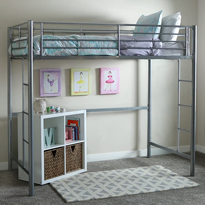 Walker Edison Timothee Urban Industrial Metal Twin over Loft Bunk Bed, Twin Size, Silver