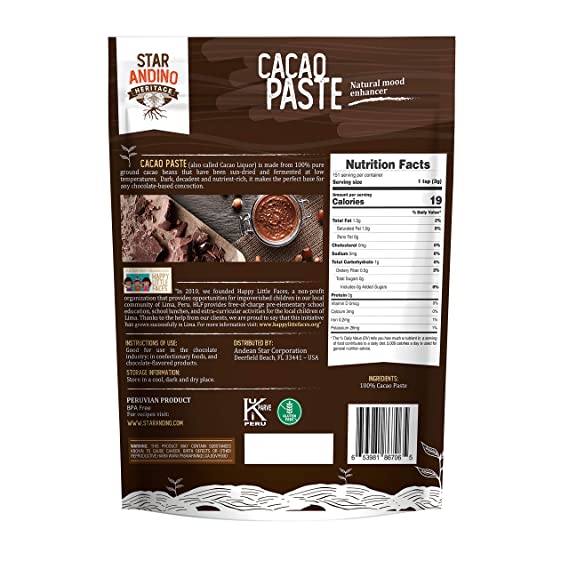 Star Andino Heritage Cacao Paste - 1 Pound Bag - Pure Peruvian Ground High Grade Cacao Beans - 100% Natural Unsweetened Chocolate Paste - Great for Keto Diets