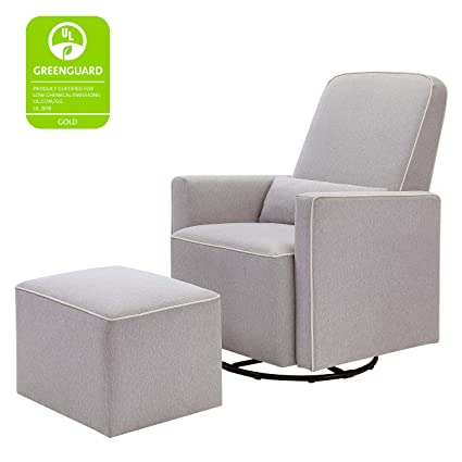 DaVinci Olive Upholstered Swivel Glider with Bonus Ottoman in Grey with Cream Piping, Greenguard Gold & CertiPUR-US Certified