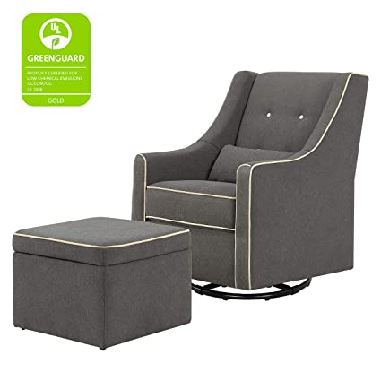 DaVinci Owen Upholstered Swivel Glider with Side Pocket and Storage Ottoman in Dark Grey with Cream Piping, Greenguard Gold & CertiPUR-US Certified