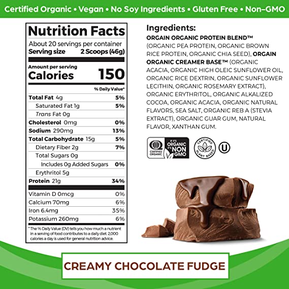 Copy of Orgain Organic Plant Based Protein Powder,Creamy Chocolate Fudge -21g of Protein, Vegan, Low Net Carbs,Non Dairy,Gluten Free, No Sugar Added, Soy Free, Kosher,Non-GMO, 2.03 Lb (Packaging May Vary)