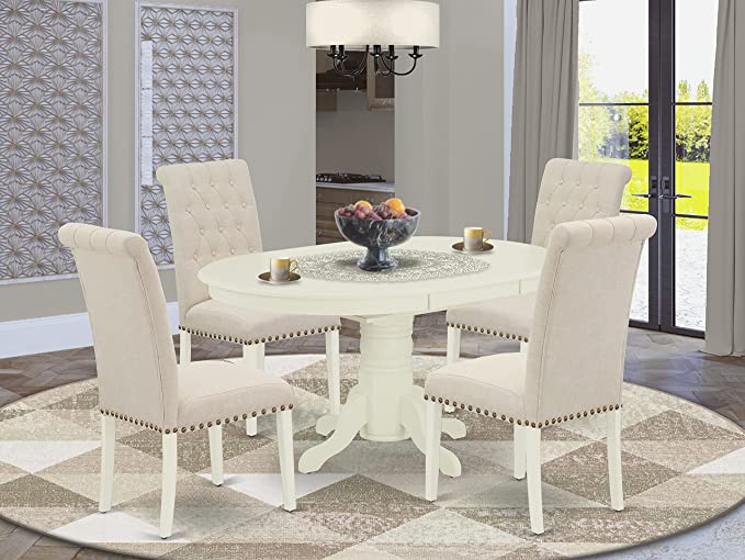 East West Furniture 5Pc Dining Set Includes an Oval Dinette Table with Butterfly Leaf and Four Parson Chairs with Light Beige Fabric, Linen White Finish