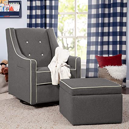 DaVinci Owen Upholstered Swivel Glider with Side Pocket and Storage Ottoman in Dark Grey with Cream Piping, Greenguard Gold & CertiPUR-US Certified